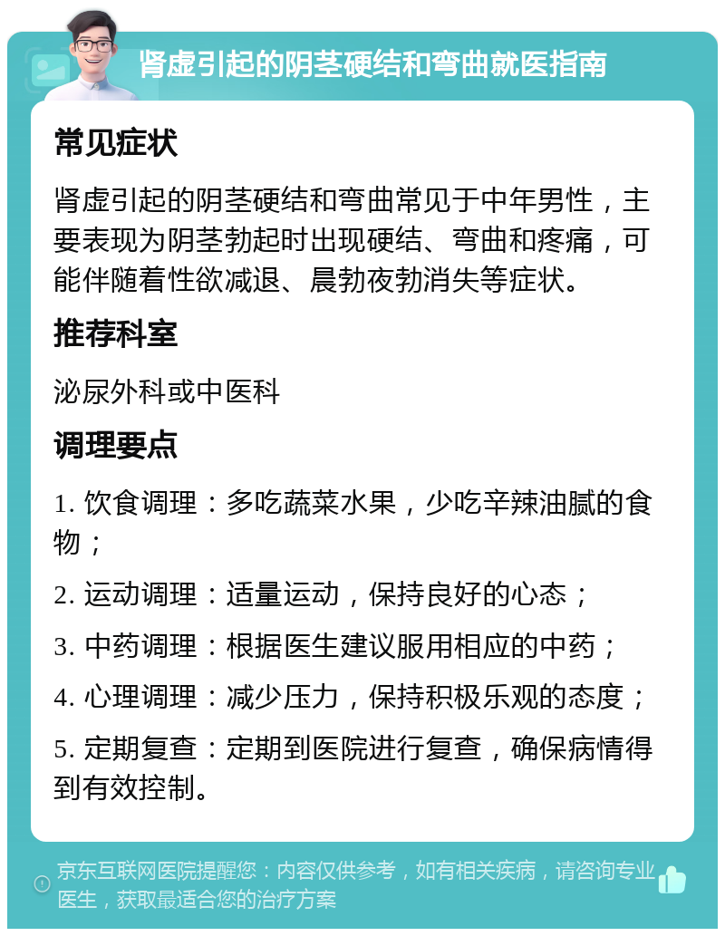 肾虚引起的阴茎硬结和弯曲就医指南 常见症状 肾虚引起的阴茎硬结和弯曲常见于中年男性，主要表现为阴茎勃起时出现硬结、弯曲和疼痛，可能伴随着性欲减退、晨勃夜勃消失等症状。 推荐科室 泌尿外科或中医科 调理要点 1. 饮食调理：多吃蔬菜水果，少吃辛辣油腻的食物； 2. 运动调理：适量运动，保持良好的心态； 3. 中药调理：根据医生建议服用相应的中药； 4. 心理调理：减少压力，保持积极乐观的态度； 5. 定期复查：定期到医院进行复查，确保病情得到有效控制。