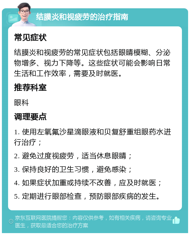 结膜炎和视疲劳的治疗指南 常见症状 结膜炎和视疲劳的常见症状包括眼睛模糊、分泌物增多、视力下降等。这些症状可能会影响日常生活和工作效率，需要及时就医。 推荐科室 眼科 调理要点 1. 使用左氧氟沙星滴眼液和贝复舒重组眼药水进行治疗； 2. 避免过度视疲劳，适当休息眼睛； 3. 保持良好的卫生习惯，避免感染； 4. 如果症状加重或持续不改善，应及时就医； 5. 定期进行眼部检查，预防眼部疾病的发生。