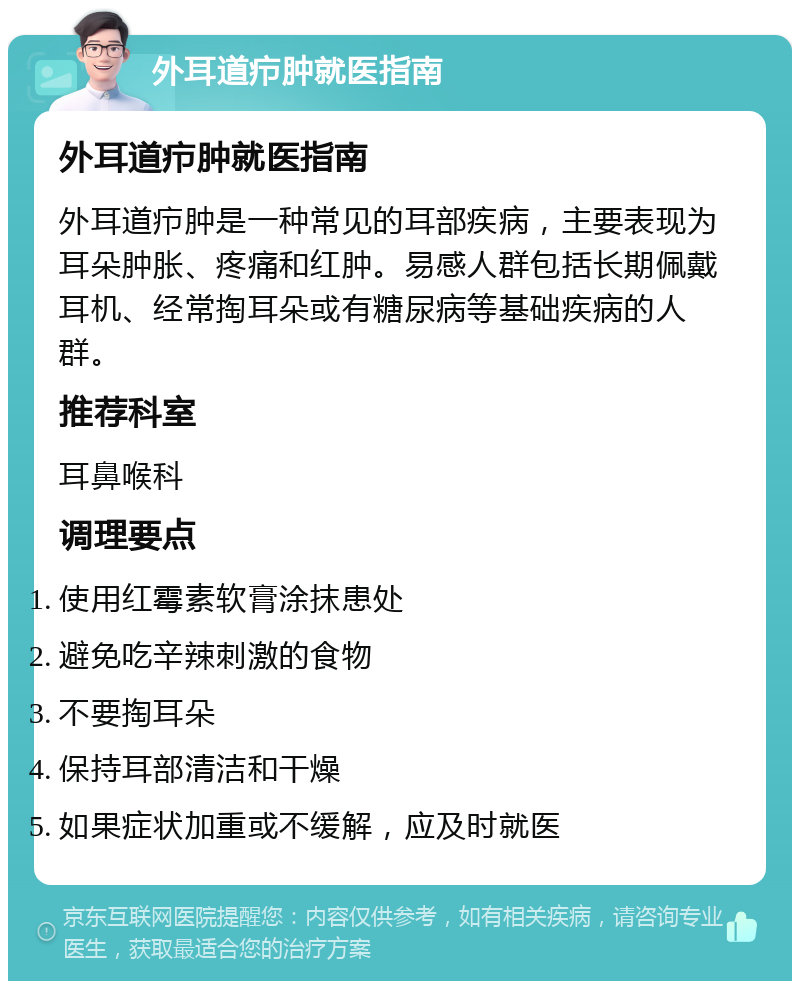 外耳道疖肿就医指南 外耳道疖肿就医指南 外耳道疖肿是一种常见的耳部疾病，主要表现为耳朵肿胀、疼痛和红肿。易感人群包括长期佩戴耳机、经常掏耳朵或有糖尿病等基础疾病的人群。 推荐科室 耳鼻喉科 调理要点 使用红霉素软膏涂抹患处 避免吃辛辣刺激的食物 不要掏耳朵 保持耳部清洁和干燥 如果症状加重或不缓解，应及时就医