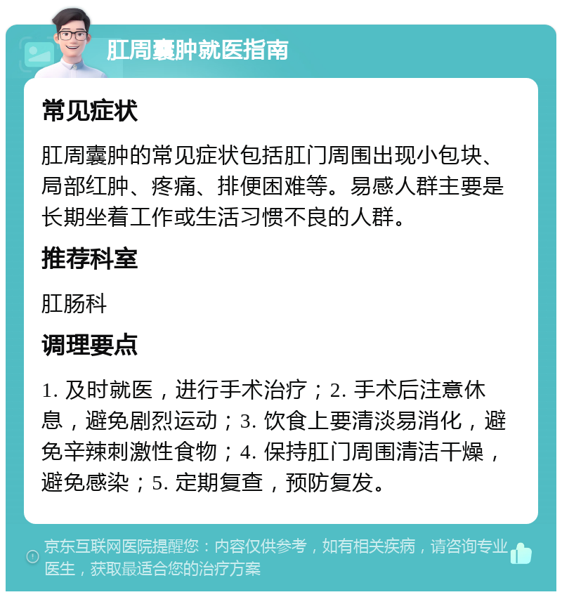 肛周囊肿就医指南 常见症状 肛周囊肿的常见症状包括肛门周围出现小包块、局部红肿、疼痛、排便困难等。易感人群主要是长期坐着工作或生活习惯不良的人群。 推荐科室 肛肠科 调理要点 1. 及时就医，进行手术治疗；2. 手术后注意休息，避免剧烈运动；3. 饮食上要清淡易消化，避免辛辣刺激性食物；4. 保持肛门周围清洁干燥，避免感染；5. 定期复查，预防复发。