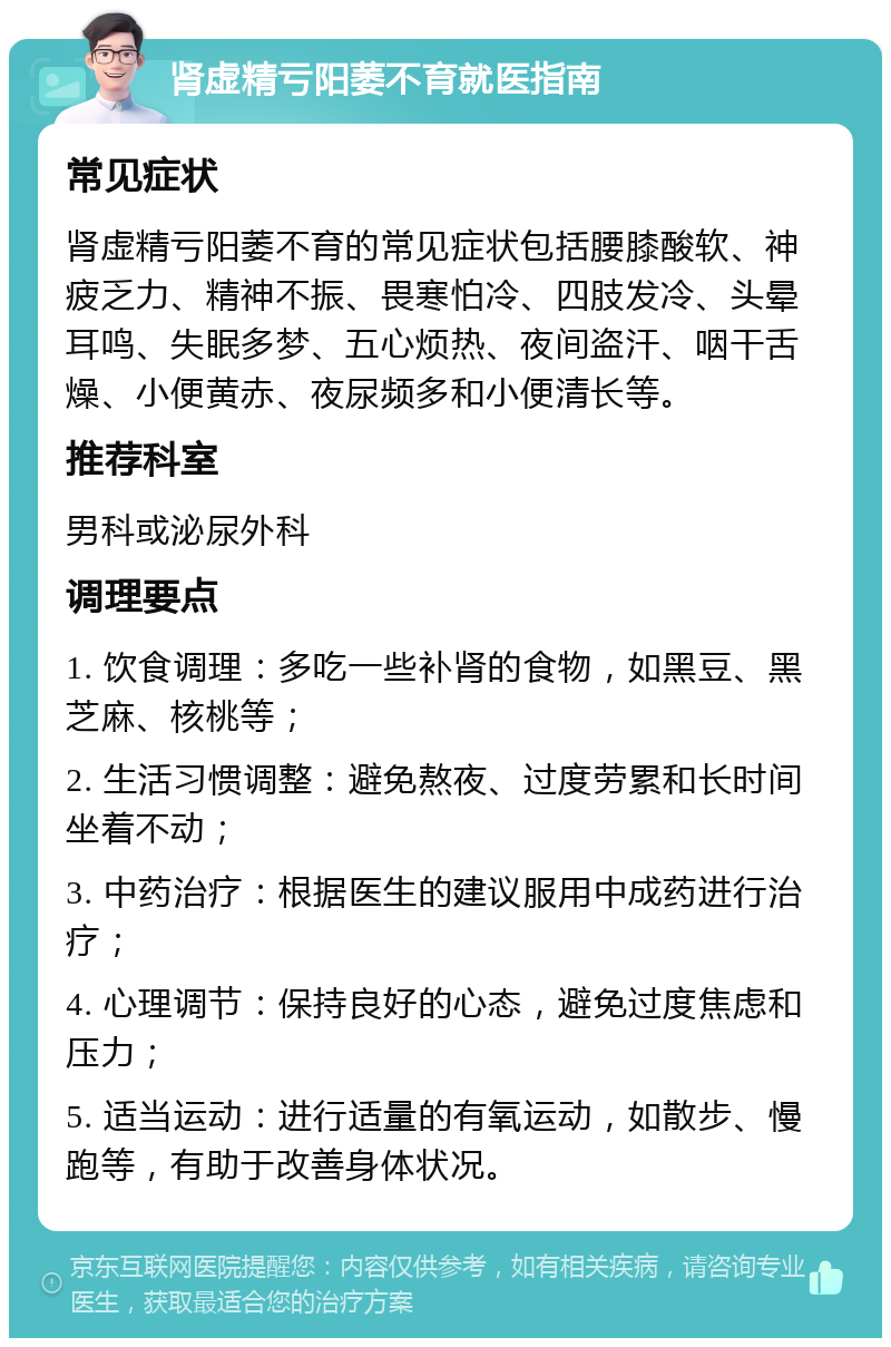 肾虚精亏阳萎不育就医指南 常见症状 肾虚精亏阳萎不育的常见症状包括腰膝酸软、神疲乏力、精神不振、畏寒怕冷、四肢发冷、头晕耳鸣、失眠多梦、五心烦热、夜间盗汗、咽干舌燥、小便黄赤、夜尿频多和小便清长等。 推荐科室 男科或泌尿外科 调理要点 1. 饮食调理：多吃一些补肾的食物，如黑豆、黑芝麻、核桃等； 2. 生活习惯调整：避免熬夜、过度劳累和长时间坐着不动； 3. 中药治疗：根据医生的建议服用中成药进行治疗； 4. 心理调节：保持良好的心态，避免过度焦虑和压力； 5. 适当运动：进行适量的有氧运动，如散步、慢跑等，有助于改善身体状况。