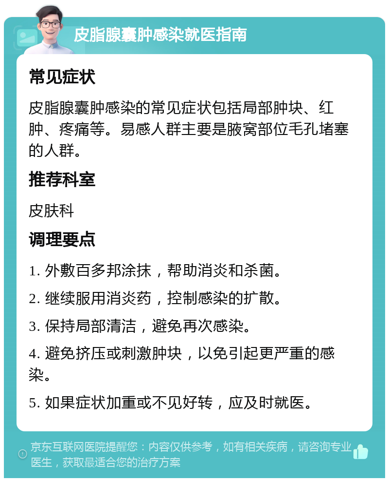 皮脂腺囊肿感染就医指南 常见症状 皮脂腺囊肿感染的常见症状包括局部肿块、红肿、疼痛等。易感人群主要是腋窝部位毛孔堵塞的人群。 推荐科室 皮肤科 调理要点 1. 外敷百多邦涂抹，帮助消炎和杀菌。 2. 继续服用消炎药，控制感染的扩散。 3. 保持局部清洁，避免再次感染。 4. 避免挤压或刺激肿块，以免引起更严重的感染。 5. 如果症状加重或不见好转，应及时就医。