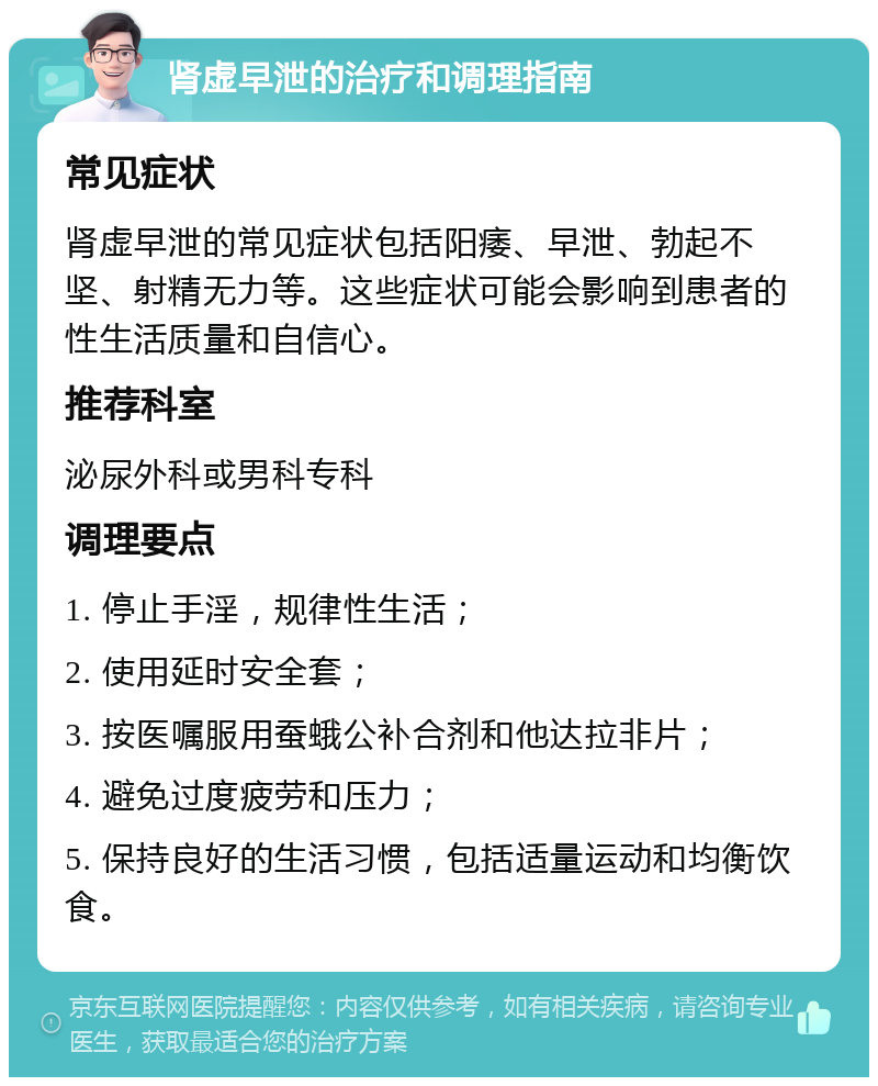 肾虚早泄的治疗和调理指南 常见症状 肾虚早泄的常见症状包括阳痿、早泄、勃起不坚、射精无力等。这些症状可能会影响到患者的性生活质量和自信心。 推荐科室 泌尿外科或男科专科 调理要点 1. 停止手淫，规律性生活； 2. 使用延时安全套； 3. 按医嘱服用蚕蛾公补合剂和他达拉非片； 4. 避免过度疲劳和压力； 5. 保持良好的生活习惯，包括适量运动和均衡饮食。