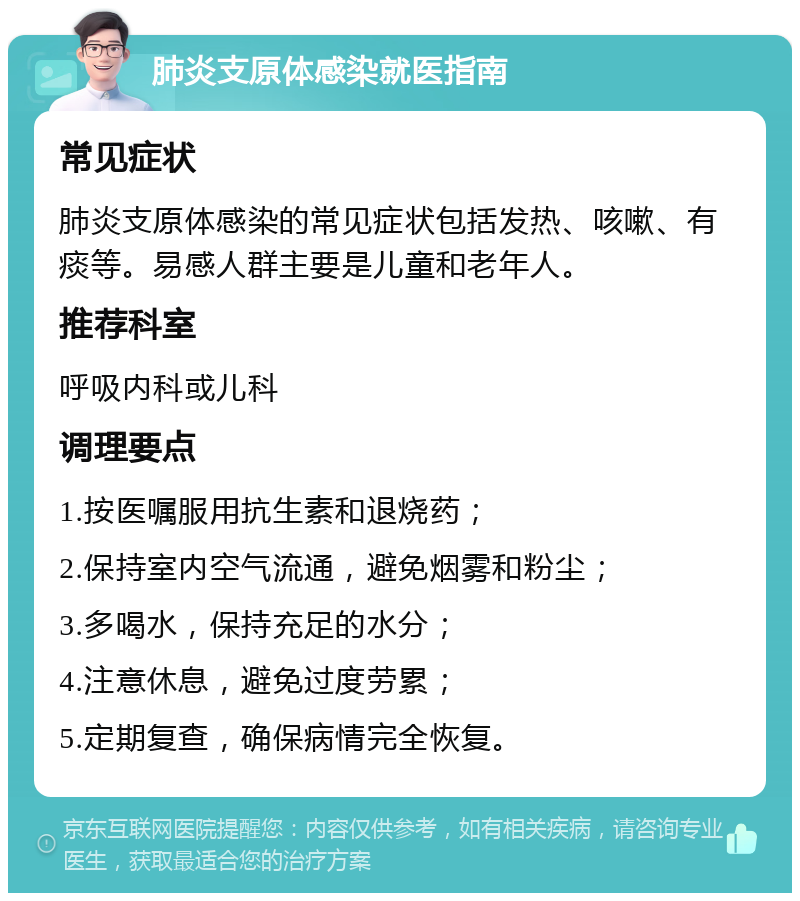 肺炎支原体感染就医指南 常见症状 肺炎支原体感染的常见症状包括发热、咳嗽、有痰等。易感人群主要是儿童和老年人。 推荐科室 呼吸内科或儿科 调理要点 1.按医嘱服用抗生素和退烧药； 2.保持室内空气流通，避免烟雾和粉尘； 3.多喝水，保持充足的水分； 4.注意休息，避免过度劳累； 5.定期复查，确保病情完全恢复。