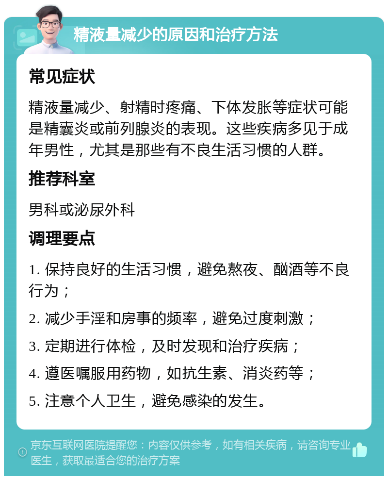 精液量减少的原因和治疗方法 常见症状 精液量减少、射精时疼痛、下体发胀等症状可能是精囊炎或前列腺炎的表现。这些疾病多见于成年男性，尤其是那些有不良生活习惯的人群。 推荐科室 男科或泌尿外科 调理要点 1. 保持良好的生活习惯，避免熬夜、酗酒等不良行为； 2. 减少手淫和房事的频率，避免过度刺激； 3. 定期进行体检，及时发现和治疗疾病； 4. 遵医嘱服用药物，如抗生素、消炎药等； 5. 注意个人卫生，避免感染的发生。