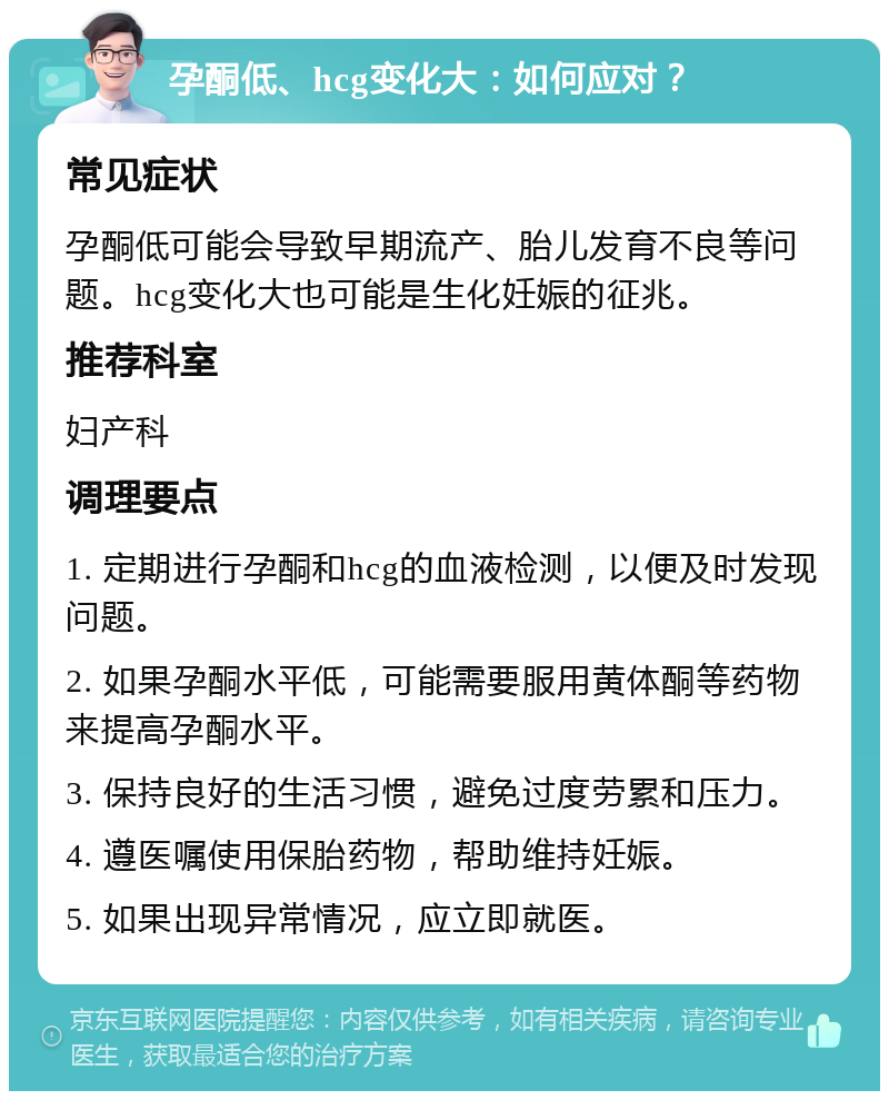 孕酮低、hcg变化大：如何应对？ 常见症状 孕酮低可能会导致早期流产、胎儿发育不良等问题。hcg变化大也可能是生化妊娠的征兆。 推荐科室 妇产科 调理要点 1. 定期进行孕酮和hcg的血液检测，以便及时发现问题。 2. 如果孕酮水平低，可能需要服用黄体酮等药物来提高孕酮水平。 3. 保持良好的生活习惯，避免过度劳累和压力。 4. 遵医嘱使用保胎药物，帮助维持妊娠。 5. 如果出现异常情况，应立即就医。