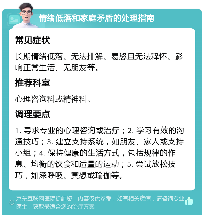 情绪低落和家庭矛盾的处理指南 常见症状 长期情绪低落、无法排解、易怒且无法释怀、影响正常生活、无朋友等。 推荐科室 心理咨询科或精神科。 调理要点 1. 寻求专业的心理咨询或治疗；2. 学习有效的沟通技巧；3. 建立支持系统，如朋友、家人或支持小组；4. 保持健康的生活方式，包括规律的作息、均衡的饮食和适量的运动；5. 尝试放松技巧，如深呼吸、冥想或瑜伽等。