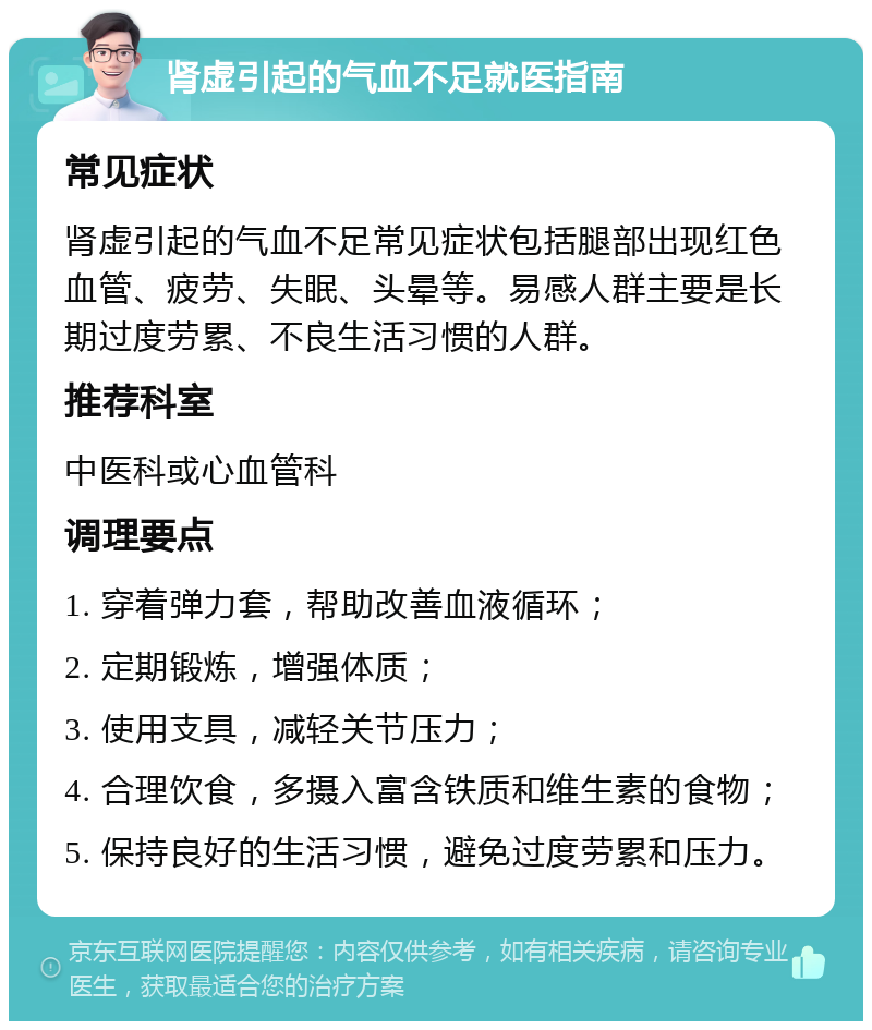 肾虚引起的气血不足就医指南 常见症状 肾虚引起的气血不足常见症状包括腿部出现红色血管、疲劳、失眠、头晕等。易感人群主要是长期过度劳累、不良生活习惯的人群。 推荐科室 中医科或心血管科 调理要点 1. 穿着弹力套，帮助改善血液循环； 2. 定期锻炼，增强体质； 3. 使用支具，减轻关节压力； 4. 合理饮食，多摄入富含铁质和维生素的食物； 5. 保持良好的生活习惯，避免过度劳累和压力。