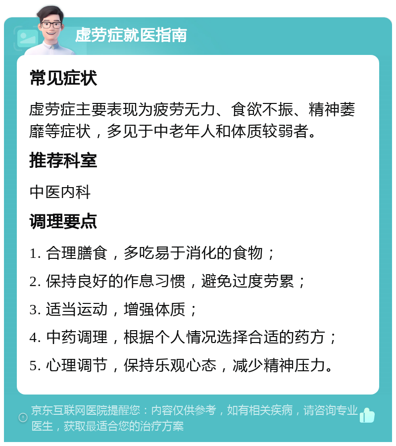 虚劳症就医指南 常见症状 虚劳症主要表现为疲劳无力、食欲不振、精神萎靡等症状，多见于中老年人和体质较弱者。 推荐科室 中医内科 调理要点 1. 合理膳食，多吃易于消化的食物； 2. 保持良好的作息习惯，避免过度劳累； 3. 适当运动，增强体质； 4. 中药调理，根据个人情况选择合适的药方； 5. 心理调节，保持乐观心态，减少精神压力。