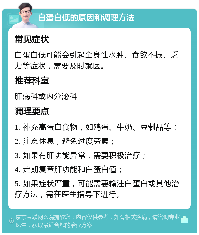 白蛋白低的原因和调理方法 常见症状 白蛋白低可能会引起全身性水肿、食欲不振、乏力等症状，需要及时就医。 推荐科室 肝病科或内分泌科 调理要点 1. 补充高蛋白食物，如鸡蛋、牛奶、豆制品等； 2. 注意休息，避免过度劳累； 3. 如果有肝功能异常，需要积极治疗； 4. 定期复查肝功能和白蛋白值； 5. 如果症状严重，可能需要输注白蛋白或其他治疗方法，需在医生指导下进行。