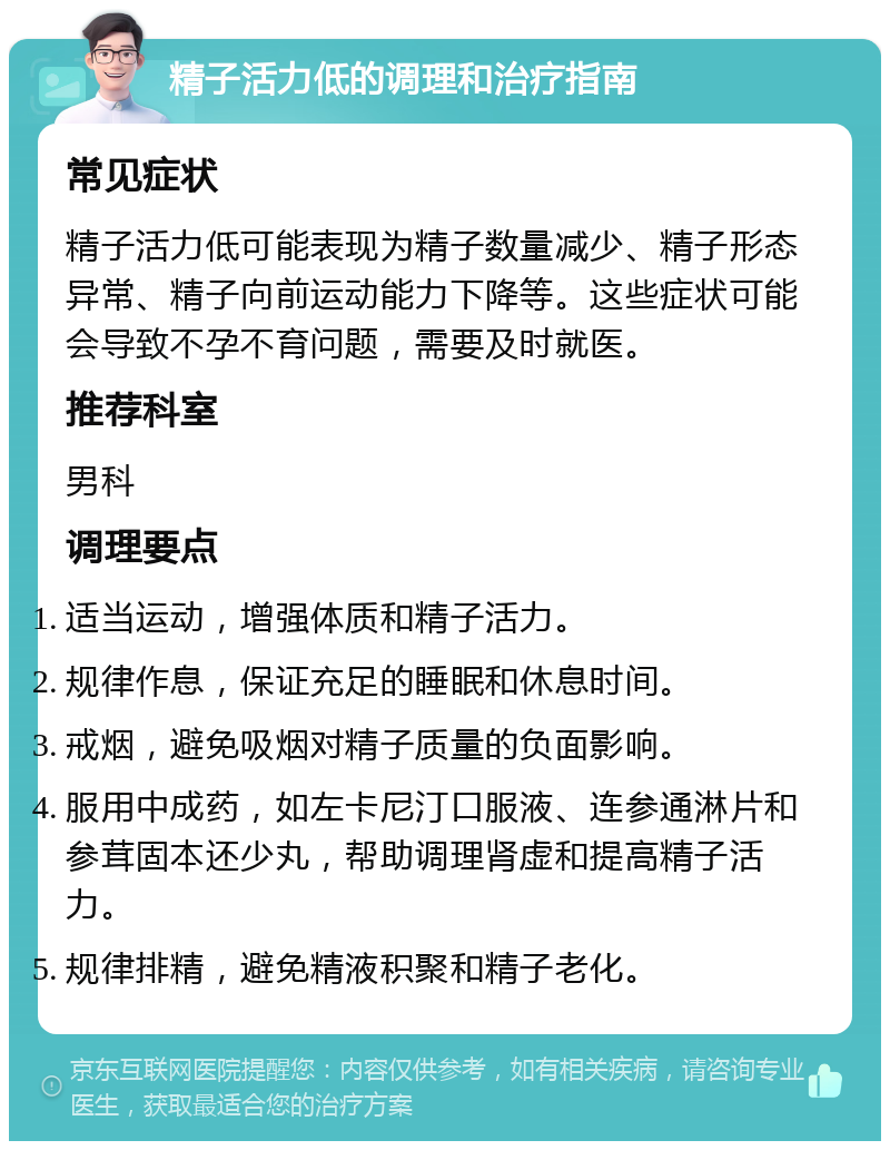 精子活力低的调理和治疗指南 常见症状 精子活力低可能表现为精子数量减少、精子形态异常、精子向前运动能力下降等。这些症状可能会导致不孕不育问题，需要及时就医。 推荐科室 男科 调理要点 适当运动，增强体质和精子活力。 规律作息，保证充足的睡眠和休息时间。 戒烟，避免吸烟对精子质量的负面影响。 服用中成药，如左卡尼汀口服液、连参通淋片和参茸固本还少丸，帮助调理肾虚和提高精子活力。 规律排精，避免精液积聚和精子老化。