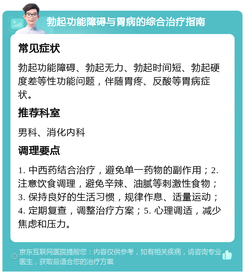 勃起功能障碍与胃病的综合治疗指南 常见症状 勃起功能障碍、勃起无力、勃起时间短、勃起硬度差等性功能问题，伴随胃疼、反酸等胃病症状。 推荐科室 男科、消化内科 调理要点 1. 中西药结合治疗，避免单一药物的副作用；2. 注意饮食调理，避免辛辣、油腻等刺激性食物；3. 保持良好的生活习惯，规律作息、适量运动；4. 定期复查，调整治疗方案；5. 心理调适，减少焦虑和压力。