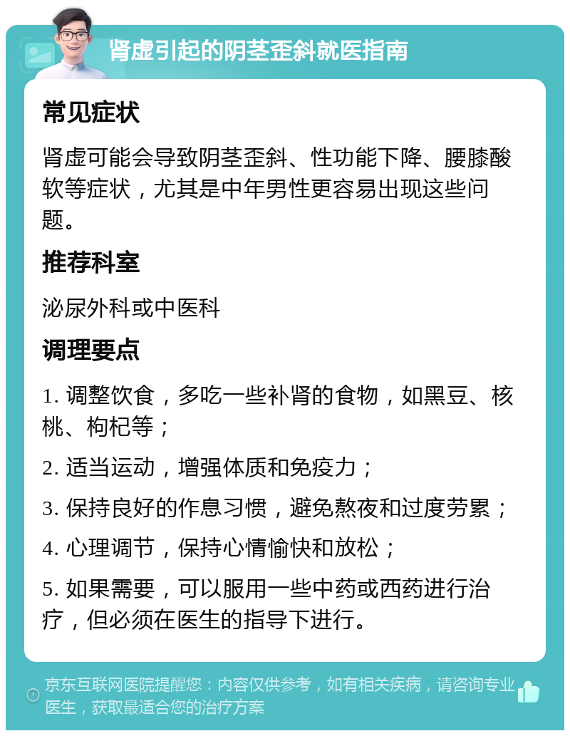 肾虚引起的阴茎歪斜就医指南 常见症状 肾虚可能会导致阴茎歪斜、性功能下降、腰膝酸软等症状，尤其是中年男性更容易出现这些问题。 推荐科室 泌尿外科或中医科 调理要点 1. 调整饮食，多吃一些补肾的食物，如黑豆、核桃、枸杞等； 2. 适当运动，增强体质和免疫力； 3. 保持良好的作息习惯，避免熬夜和过度劳累； 4. 心理调节，保持心情愉快和放松； 5. 如果需要，可以服用一些中药或西药进行治疗，但必须在医生的指导下进行。