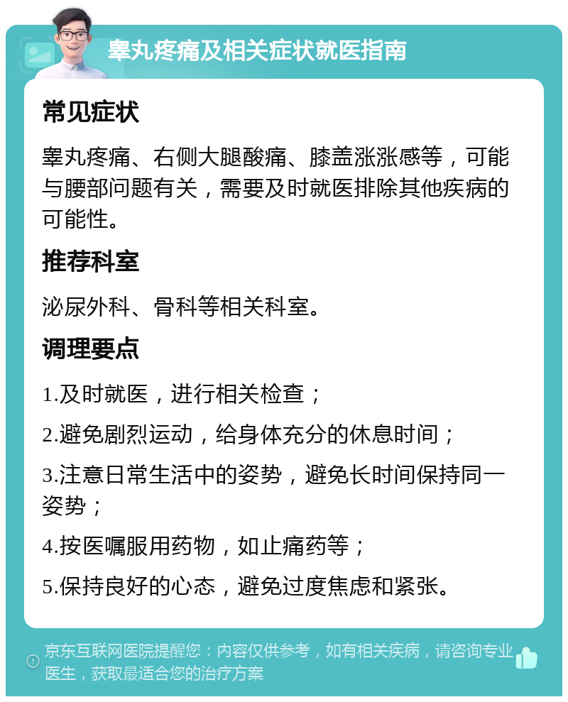 睾丸疼痛及相关症状就医指南 常见症状 睾丸疼痛、右侧大腿酸痛、膝盖涨涨感等，可能与腰部问题有关，需要及时就医排除其他疾病的可能性。 推荐科室 泌尿外科、骨科等相关科室。 调理要点 1.及时就医，进行相关检查； 2.避免剧烈运动，给身体充分的休息时间； 3.注意日常生活中的姿势，避免长时间保持同一姿势； 4.按医嘱服用药物，如止痛药等； 5.保持良好的心态，避免过度焦虑和紧张。