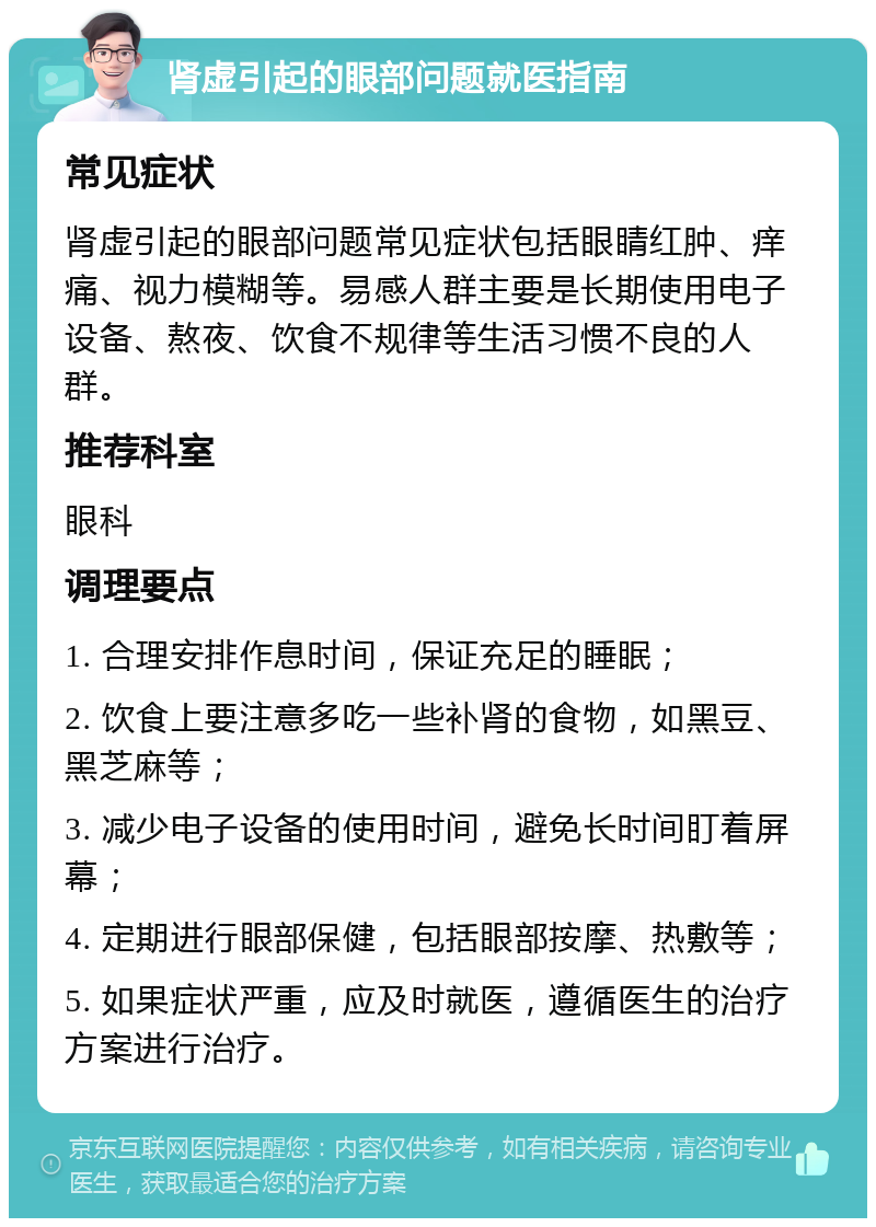 肾虚引起的眼部问题就医指南 常见症状 肾虚引起的眼部问题常见症状包括眼睛红肿、痒痛、视力模糊等。易感人群主要是长期使用电子设备、熬夜、饮食不规律等生活习惯不良的人群。 推荐科室 眼科 调理要点 1. 合理安排作息时间，保证充足的睡眠； 2. 饮食上要注意多吃一些补肾的食物，如黑豆、黑芝麻等； 3. 减少电子设备的使用时间，避免长时间盯着屏幕； 4. 定期进行眼部保健，包括眼部按摩、热敷等； 5. 如果症状严重，应及时就医，遵循医生的治疗方案进行治疗。