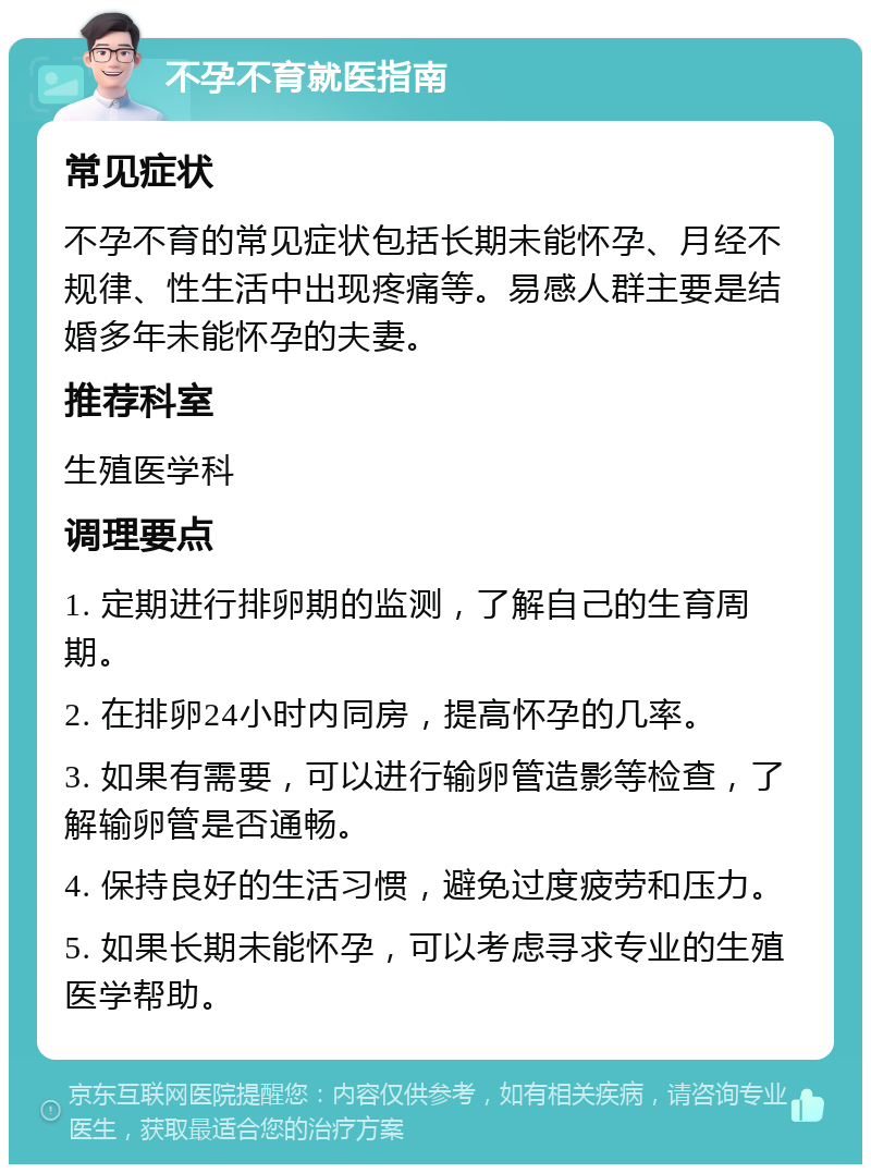 不孕不育就医指南 常见症状 不孕不育的常见症状包括长期未能怀孕、月经不规律、性生活中出现疼痛等。易感人群主要是结婚多年未能怀孕的夫妻。 推荐科室 生殖医学科 调理要点 1. 定期进行排卵期的监测，了解自己的生育周期。 2. 在排卵24小时内同房，提高怀孕的几率。 3. 如果有需要，可以进行输卵管造影等检查，了解输卵管是否通畅。 4. 保持良好的生活习惯，避免过度疲劳和压力。 5. 如果长期未能怀孕，可以考虑寻求专业的生殖医学帮助。