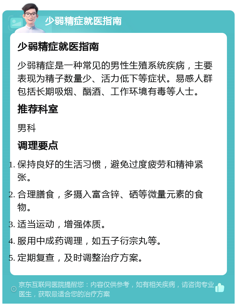 少弱精症就医指南 少弱精症就医指南 少弱精症是一种常见的男性生殖系统疾病，主要表现为精子数量少、活力低下等症状。易感人群包括长期吸烟、酗酒、工作环境有毒等人士。 推荐科室 男科 调理要点 保持良好的生活习惯，避免过度疲劳和精神紧张。 合理膳食，多摄入富含锌、硒等微量元素的食物。 适当运动，增强体质。 服用中成药调理，如五子衍宗丸等。 定期复查，及时调整治疗方案。