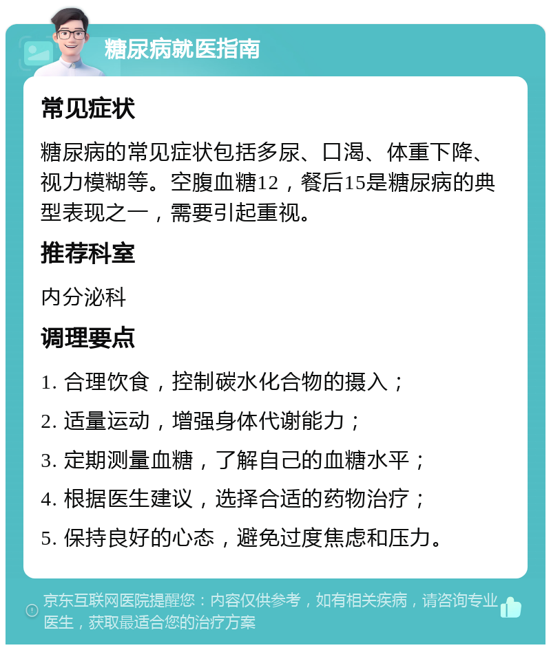 糖尿病就医指南 常见症状 糖尿病的常见症状包括多尿、口渴、体重下降、视力模糊等。空腹血糖12，餐后15是糖尿病的典型表现之一，需要引起重视。 推荐科室 内分泌科 调理要点 1. 合理饮食，控制碳水化合物的摄入； 2. 适量运动，增强身体代谢能力； 3. 定期测量血糖，了解自己的血糖水平； 4. 根据医生建议，选择合适的药物治疗； 5. 保持良好的心态，避免过度焦虑和压力。