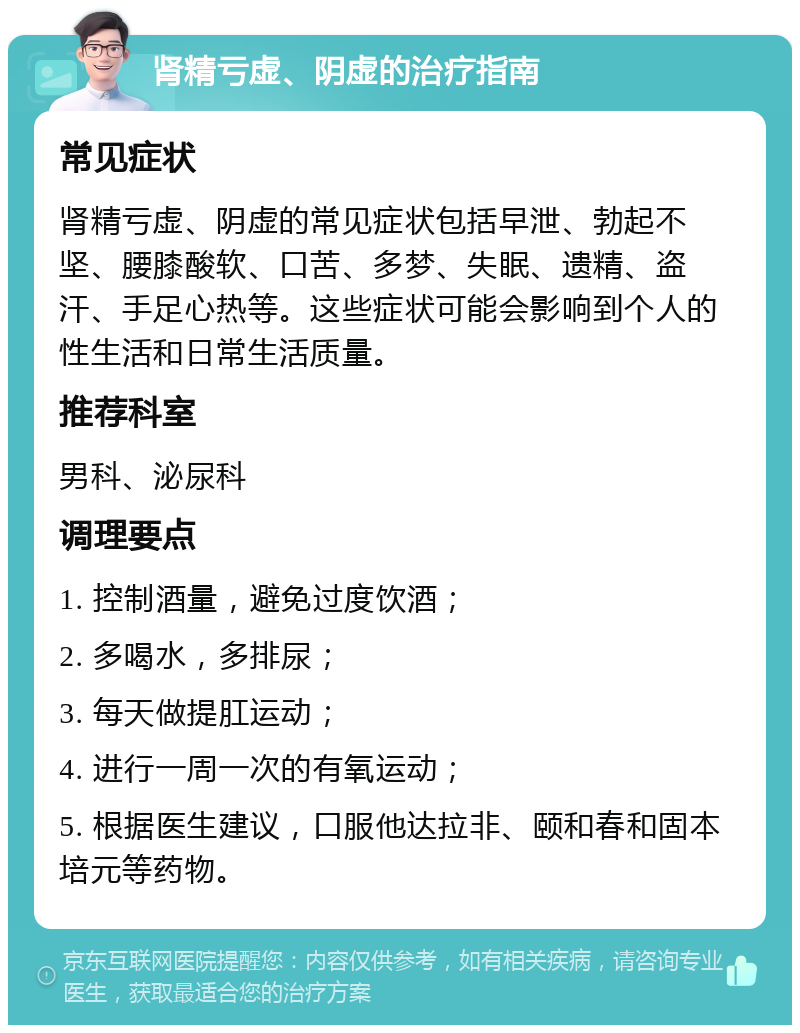 肾精亏虚、阴虚的治疗指南 常见症状 肾精亏虚、阴虚的常见症状包括早泄、勃起不坚、腰膝酸软、口苦、多梦、失眠、遗精、盗汗、手足心热等。这些症状可能会影响到个人的性生活和日常生活质量。 推荐科室 男科、泌尿科 调理要点 1. 控制酒量，避免过度饮酒； 2. 多喝水，多排尿； 3. 每天做提肛运动； 4. 进行一周一次的有氧运动； 5. 根据医生建议，口服他达拉非、颐和春和固本培元等药物。