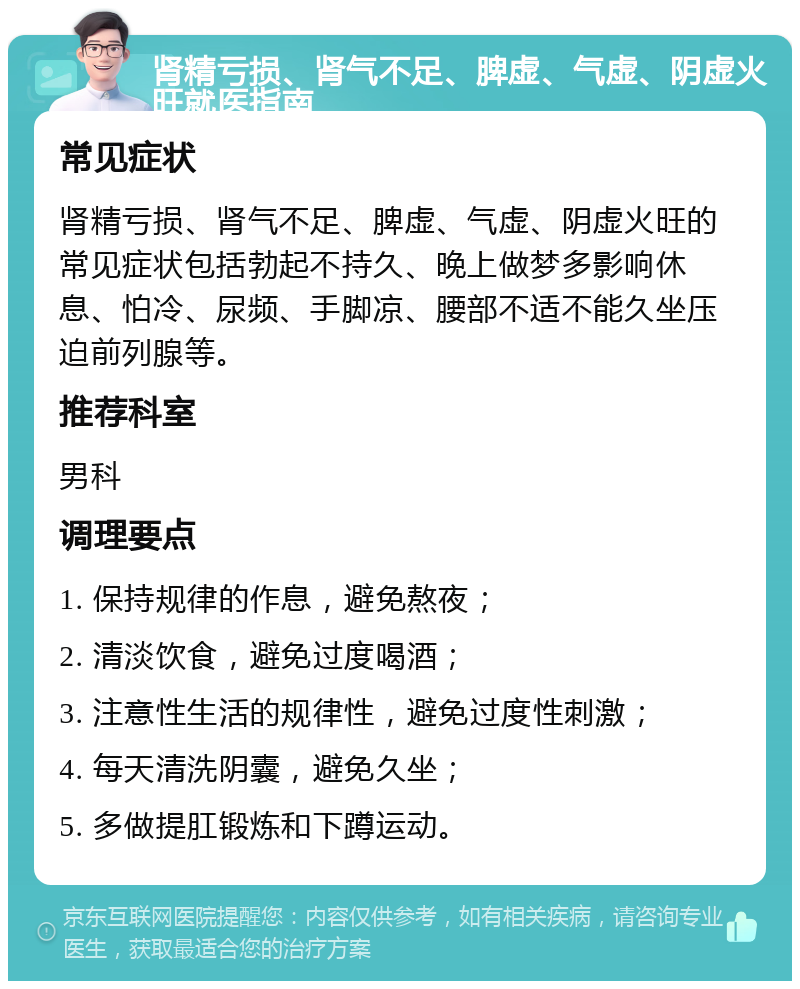 肾精亏损、肾气不足、脾虚、气虚、阴虚火旺就医指南 常见症状 肾精亏损、肾气不足、脾虚、气虚、阴虚火旺的常见症状包括勃起不持久、晚上做梦多影响休息、怕冷、尿频、手脚凉、腰部不适不能久坐压迫前列腺等。 推荐科室 男科 调理要点 1. 保持规律的作息，避免熬夜； 2. 清淡饮食，避免过度喝酒； 3. 注意性生活的规律性，避免过度性刺激； 4. 每天清洗阴囊，避免久坐； 5. 多做提肛锻炼和下蹲运动。