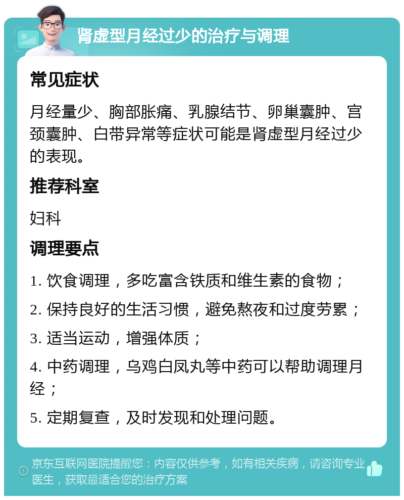 肾虚型月经过少的治疗与调理 常见症状 月经量少、胸部胀痛、乳腺结节、卵巢囊肿、宫颈囊肿、白带异常等症状可能是肾虚型月经过少的表现。 推荐科室 妇科 调理要点 1. 饮食调理，多吃富含铁质和维生素的食物； 2. 保持良好的生活习惯，避免熬夜和过度劳累； 3. 适当运动，增强体质； 4. 中药调理，乌鸡白凤丸等中药可以帮助调理月经； 5. 定期复查，及时发现和处理问题。