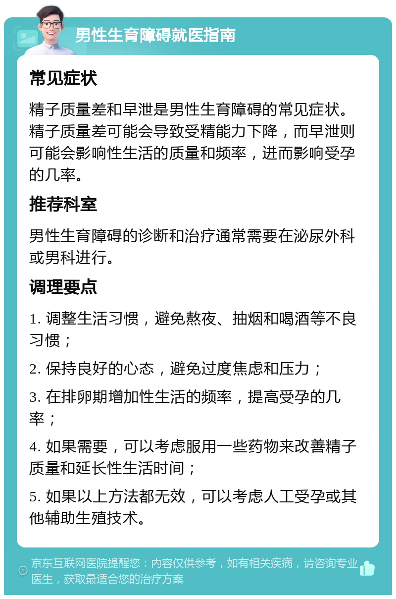 男性生育障碍就医指南 常见症状 精子质量差和早泄是男性生育障碍的常见症状。精子质量差可能会导致受精能力下降，而早泄则可能会影响性生活的质量和频率，进而影响受孕的几率。 推荐科室 男性生育障碍的诊断和治疗通常需要在泌尿外科或男科进行。 调理要点 1. 调整生活习惯，避免熬夜、抽烟和喝酒等不良习惯； 2. 保持良好的心态，避免过度焦虑和压力； 3. 在排卵期增加性生活的频率，提高受孕的几率； 4. 如果需要，可以考虑服用一些药物来改善精子质量和延长性生活时间； 5. 如果以上方法都无效，可以考虑人工受孕或其他辅助生殖技术。