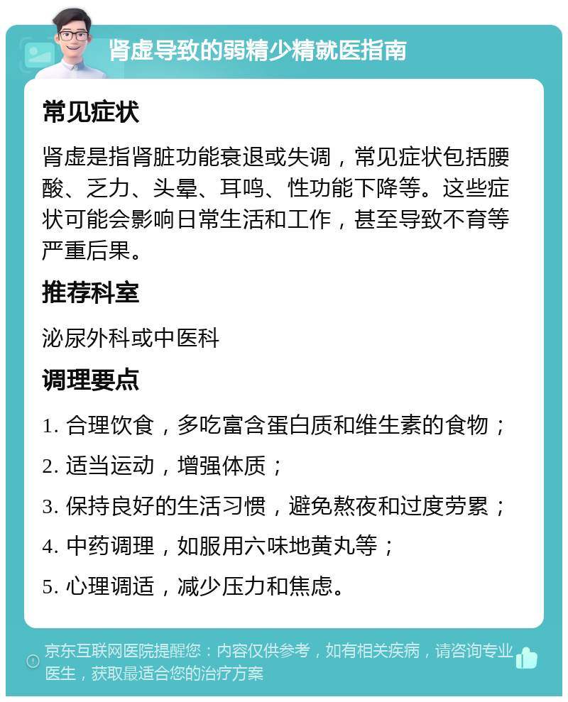 肾虚导致的弱精少精就医指南 常见症状 肾虚是指肾脏功能衰退或失调，常见症状包括腰酸、乏力、头晕、耳鸣、性功能下降等。这些症状可能会影响日常生活和工作，甚至导致不育等严重后果。 推荐科室 泌尿外科或中医科 调理要点 1. 合理饮食，多吃富含蛋白质和维生素的食物； 2. 适当运动，增强体质； 3. 保持良好的生活习惯，避免熬夜和过度劳累； 4. 中药调理，如服用六味地黄丸等； 5. 心理调适，减少压力和焦虑。