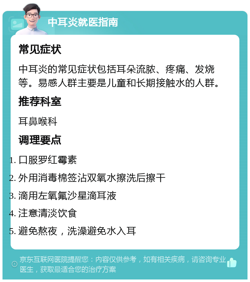 中耳炎就医指南 常见症状 中耳炎的常见症状包括耳朵流脓、疼痛、发烧等。易感人群主要是儿童和长期接触水的人群。 推荐科室 耳鼻喉科 调理要点 口服罗红霉素 外用消毒棉签沾双氧水擦洗后擦干 滴用左氧氟沙星滴耳液 注意清淡饮食 避免熬夜，洗澡避免水入耳