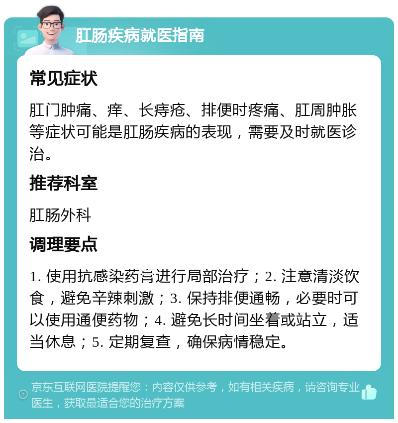 肛肠疾病就医指南 常见症状 肛门肿痛、痒、长痔疮、排便时疼痛、肛周肿胀等症状可能是肛肠疾病的表现，需要及时就医诊治。 推荐科室 肛肠外科 调理要点 1. 使用抗感染药膏进行局部治疗；2. 注意清淡饮食，避免辛辣刺激；3. 保持排便通畅，必要时可以使用通便药物；4. 避免长时间坐着或站立，适当休息；5. 定期复查，确保病情稳定。