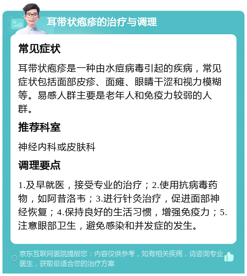 耳带状疱疹的治疗与调理 常见症状 耳带状疱疹是一种由水痘病毒引起的疾病，常见症状包括面部皮疹、面瘫、眼睛干涩和视力模糊等。易感人群主要是老年人和免疫力较弱的人群。 推荐科室 神经内科或皮肤科 调理要点 1.及早就医，接受专业的治疗；2.使用抗病毒药物，如阿昔洛韦；3.进行针灸治疗，促进面部神经恢复；4.保持良好的生活习惯，增强免疫力；5.注意眼部卫生，避免感染和并发症的发生。