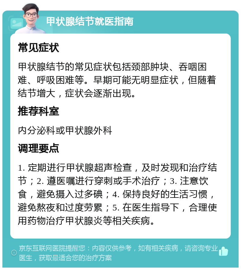 甲状腺结节就医指南 常见症状 甲状腺结节的常见症状包括颈部肿块、吞咽困难、呼吸困难等。早期可能无明显症状，但随着结节增大，症状会逐渐出现。 推荐科室 内分泌科或甲状腺外科 调理要点 1. 定期进行甲状腺超声检查，及时发现和治疗结节；2. 遵医嘱进行穿刺或手术治疗；3. 注意饮食，避免摄入过多碘；4. 保持良好的生活习惯，避免熬夜和过度劳累；5. 在医生指导下，合理使用药物治疗甲状腺炎等相关疾病。