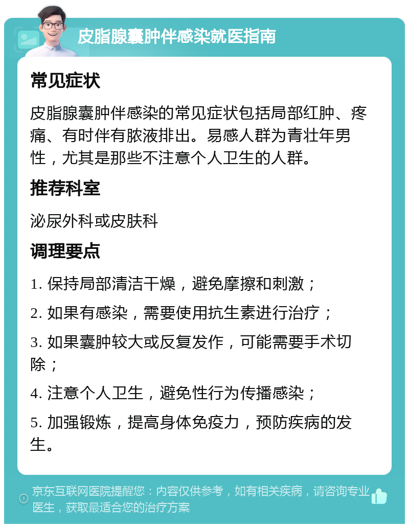 皮脂腺囊肿伴感染就医指南 常见症状 皮脂腺囊肿伴感染的常见症状包括局部红肿、疼痛、有时伴有脓液排出。易感人群为青壮年男性，尤其是那些不注意个人卫生的人群。 推荐科室 泌尿外科或皮肤科 调理要点 1. 保持局部清洁干燥，避免摩擦和刺激； 2. 如果有感染，需要使用抗生素进行治疗； 3. 如果囊肿较大或反复发作，可能需要手术切除； 4. 注意个人卫生，避免性行为传播感染； 5. 加强锻炼，提高身体免疫力，预防疾病的发生。