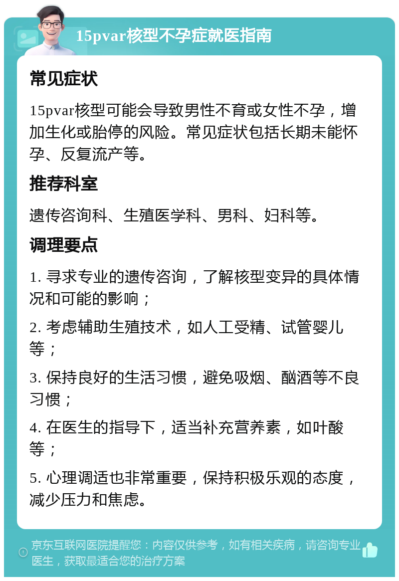 15pvar核型不孕症就医指南 常见症状 15pvar核型可能会导致男性不育或女性不孕，增加生化或胎停的风险。常见症状包括长期未能怀孕、反复流产等。 推荐科室 遗传咨询科、生殖医学科、男科、妇科等。 调理要点 1. 寻求专业的遗传咨询，了解核型变异的具体情况和可能的影响； 2. 考虑辅助生殖技术，如人工受精、试管婴儿等； 3. 保持良好的生活习惯，避免吸烟、酗酒等不良习惯； 4. 在医生的指导下，适当补充营养素，如叶酸等； 5. 心理调适也非常重要，保持积极乐观的态度，减少压力和焦虑。