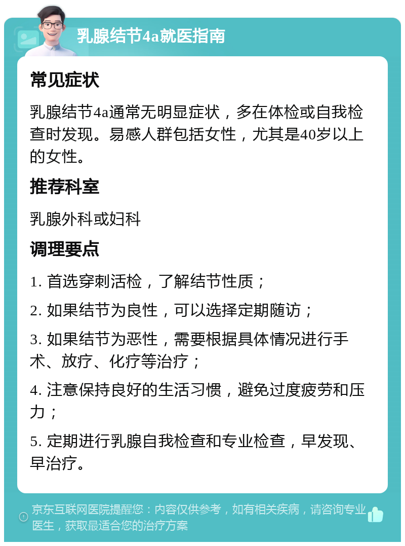 乳腺结节4a就医指南 常见症状 乳腺结节4a通常无明显症状，多在体检或自我检查时发现。易感人群包括女性，尤其是40岁以上的女性。 推荐科室 乳腺外科或妇科 调理要点 1. 首选穿刺活检，了解结节性质； 2. 如果结节为良性，可以选择定期随访； 3. 如果结节为恶性，需要根据具体情况进行手术、放疗、化疗等治疗； 4. 注意保持良好的生活习惯，避免过度疲劳和压力； 5. 定期进行乳腺自我检查和专业检查，早发现、早治疗。