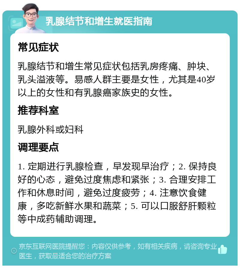 乳腺结节和增生就医指南 常见症状 乳腺结节和增生常见症状包括乳房疼痛、肿块、乳头溢液等。易感人群主要是女性，尤其是40岁以上的女性和有乳腺癌家族史的女性。 推荐科室 乳腺外科或妇科 调理要点 1. 定期进行乳腺检查，早发现早治疗；2. 保持良好的心态，避免过度焦虑和紧张；3. 合理安排工作和休息时间，避免过度疲劳；4. 注意饮食健康，多吃新鲜水果和蔬菜；5. 可以口服舒肝颗粒等中成药辅助调理。