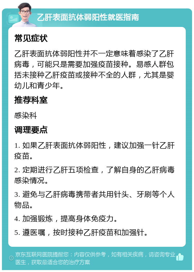 乙肝表面抗体弱阳性就医指南 常见症状 乙肝表面抗体弱阳性并不一定意味着感染了乙肝病毒，可能只是需要加强疫苗接种。易感人群包括未接种乙肝疫苗或接种不全的人群，尤其是婴幼儿和青少年。 推荐科室 感染科 调理要点 1. 如果乙肝表面抗体弱阳性，建议加强一针乙肝疫苗。 2. 定期进行乙肝五项检查，了解自身的乙肝病毒感染情况。 3. 避免与乙肝病毒携带者共用针头、牙刷等个人物品。 4. 加强锻炼，提高身体免疫力。 5. 遵医嘱，按时接种乙肝疫苗和加强针。