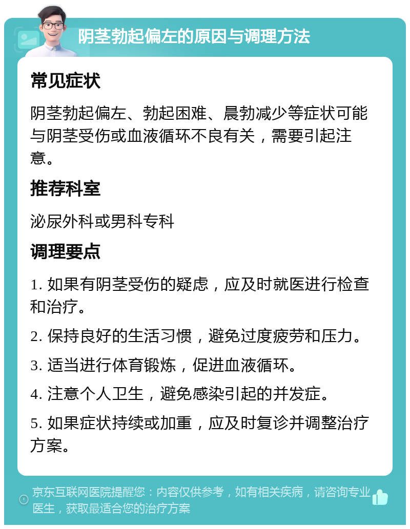 阴茎勃起偏左的原因与调理方法 常见症状 阴茎勃起偏左、勃起困难、晨勃减少等症状可能与阴茎受伤或血液循环不良有关，需要引起注意。 推荐科室 泌尿外科或男科专科 调理要点 1. 如果有阴茎受伤的疑虑，应及时就医进行检查和治疗。 2. 保持良好的生活习惯，避免过度疲劳和压力。 3. 适当进行体育锻炼，促进血液循环。 4. 注意个人卫生，避免感染引起的并发症。 5. 如果症状持续或加重，应及时复诊并调整治疗方案。