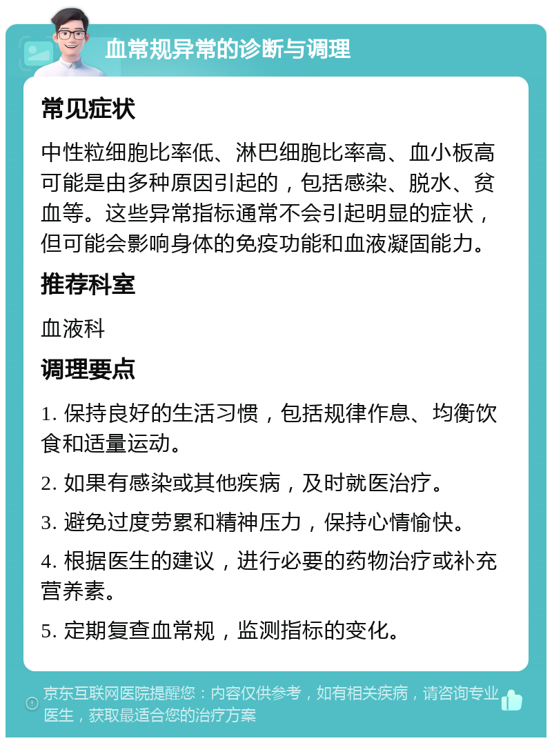 血常规异常的诊断与调理 常见症状 中性粒细胞比率低、淋巴细胞比率高、血小板高可能是由多种原因引起的，包括感染、脱水、贫血等。这些异常指标通常不会引起明显的症状，但可能会影响身体的免疫功能和血液凝固能力。 推荐科室 血液科 调理要点 1. 保持良好的生活习惯，包括规律作息、均衡饮食和适量运动。 2. 如果有感染或其他疾病，及时就医治疗。 3. 避免过度劳累和精神压力，保持心情愉快。 4. 根据医生的建议，进行必要的药物治疗或补充营养素。 5. 定期复查血常规，监测指标的变化。