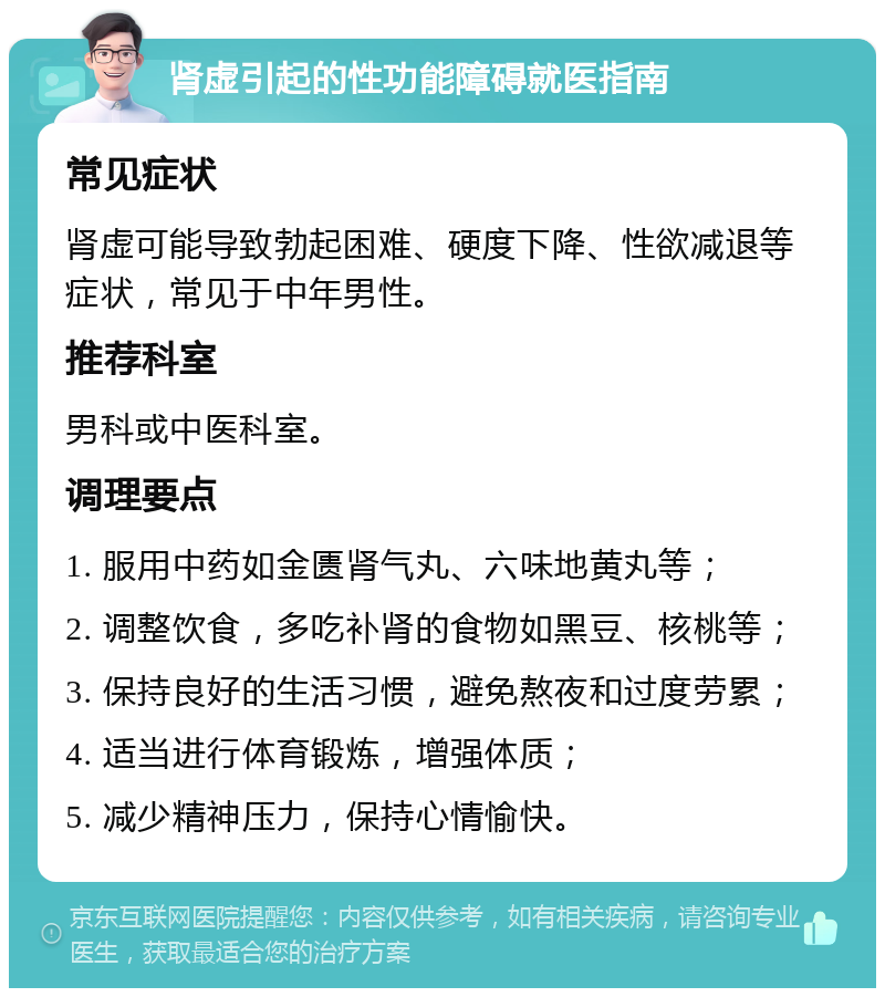 肾虚引起的性功能障碍就医指南 常见症状 肾虚可能导致勃起困难、硬度下降、性欲减退等症状，常见于中年男性。 推荐科室 男科或中医科室。 调理要点 1. 服用中药如金匮肾气丸、六味地黄丸等； 2. 调整饮食，多吃补肾的食物如黑豆、核桃等； 3. 保持良好的生活习惯，避免熬夜和过度劳累； 4. 适当进行体育锻炼，增强体质； 5. 减少精神压力，保持心情愉快。