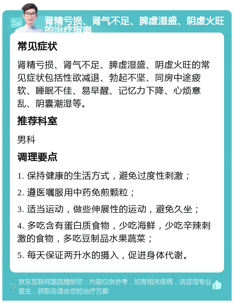 肾精亏损、肾气不足、脾虚湿盛、阴虚火旺的治疗指南 常见症状 肾精亏损、肾气不足、脾虚湿盛、阴虚火旺的常见症状包括性欲减退、勃起不坚、同房中途疲软、睡眠不佳、易早醒、记忆力下降、心烦意乱、阴囊潮湿等。 推荐科室 男科 调理要点 1. 保持健康的生活方式，避免过度性刺激； 2. 遵医嘱服用中药免煎颗粒； 3. 适当运动，做些伸展性的运动，避免久坐； 4. 多吃含有蛋白质食物，少吃海鲜，少吃辛辣刺激的食物，多吃豆制品水果蔬菜； 5. 每天保证两升水的摄入，促进身体代谢。