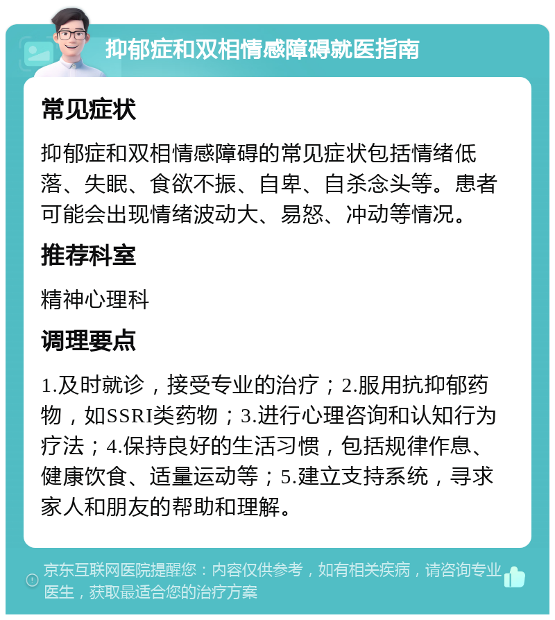 抑郁症和双相情感障碍就医指南 常见症状 抑郁症和双相情感障碍的常见症状包括情绪低落、失眠、食欲不振、自卑、自杀念头等。患者可能会出现情绪波动大、易怒、冲动等情况。 推荐科室 精神心理科 调理要点 1.及时就诊，接受专业的治疗；2.服用抗抑郁药物，如SSRI类药物；3.进行心理咨询和认知行为疗法；4.保持良好的生活习惯，包括规律作息、健康饮食、适量运动等；5.建立支持系统，寻求家人和朋友的帮助和理解。