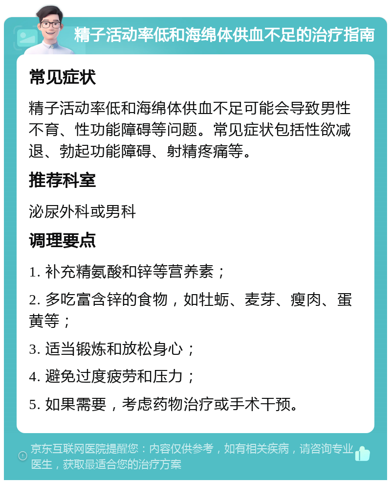 精子活动率低和海绵体供血不足的治疗指南 常见症状 精子活动率低和海绵体供血不足可能会导致男性不育、性功能障碍等问题。常见症状包括性欲减退、勃起功能障碍、射精疼痛等。 推荐科室 泌尿外科或男科 调理要点 1. 补充精氨酸和锌等营养素； 2. 多吃富含锌的食物，如牡蛎、麦芽、瘦肉、蛋黄等； 3. 适当锻炼和放松身心； 4. 避免过度疲劳和压力； 5. 如果需要，考虑药物治疗或手术干预。