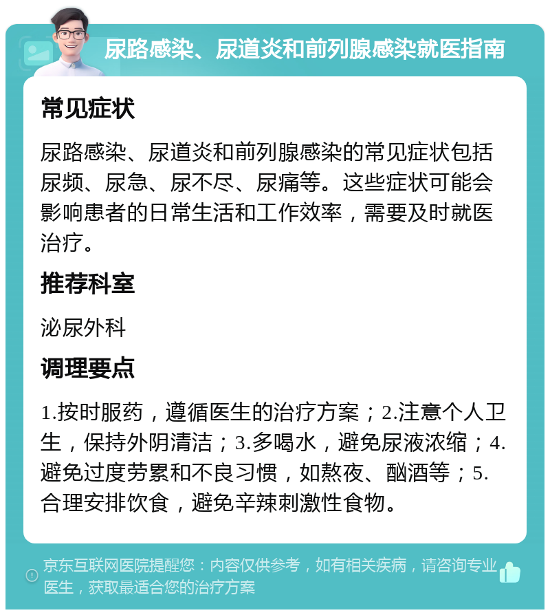 尿路感染、尿道炎和前列腺感染就医指南 常见症状 尿路感染、尿道炎和前列腺感染的常见症状包括尿频、尿急、尿不尽、尿痛等。这些症状可能会影响患者的日常生活和工作效率，需要及时就医治疗。 推荐科室 泌尿外科 调理要点 1.按时服药，遵循医生的治疗方案；2.注意个人卫生，保持外阴清洁；3.多喝水，避免尿液浓缩；4.避免过度劳累和不良习惯，如熬夜、酗酒等；5.合理安排饮食，避免辛辣刺激性食物。