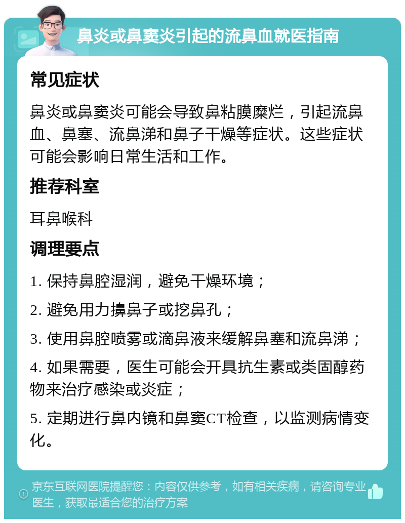 鼻炎或鼻窦炎引起的流鼻血就医指南 常见症状 鼻炎或鼻窦炎可能会导致鼻粘膜糜烂，引起流鼻血、鼻塞、流鼻涕和鼻子干燥等症状。这些症状可能会影响日常生活和工作。 推荐科室 耳鼻喉科 调理要点 1. 保持鼻腔湿润，避免干燥环境； 2. 避免用力擤鼻子或挖鼻孔； 3. 使用鼻腔喷雾或滴鼻液来缓解鼻塞和流鼻涕； 4. 如果需要，医生可能会开具抗生素或类固醇药物来治疗感染或炎症； 5. 定期进行鼻内镜和鼻窦CT检查，以监测病情变化。