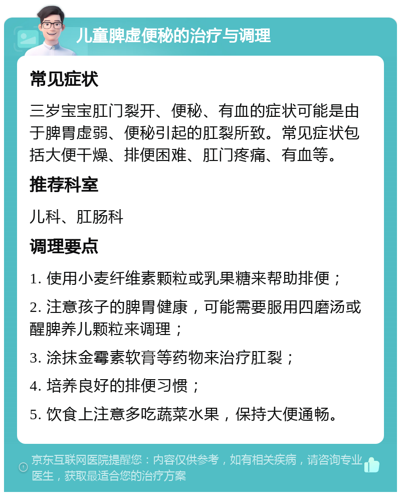 儿童脾虚便秘的治疗与调理 常见症状 三岁宝宝肛门裂开、便秘、有血的症状可能是由于脾胃虚弱、便秘引起的肛裂所致。常见症状包括大便干燥、排便困难、肛门疼痛、有血等。 推荐科室 儿科、肛肠科 调理要点 1. 使用小麦纤维素颗粒或乳果糖来帮助排便； 2. 注意孩子的脾胃健康，可能需要服用四磨汤或醒脾养儿颗粒来调理； 3. 涂抹金霉素软膏等药物来治疗肛裂； 4. 培养良好的排便习惯； 5. 饮食上注意多吃蔬菜水果，保持大便通畅。