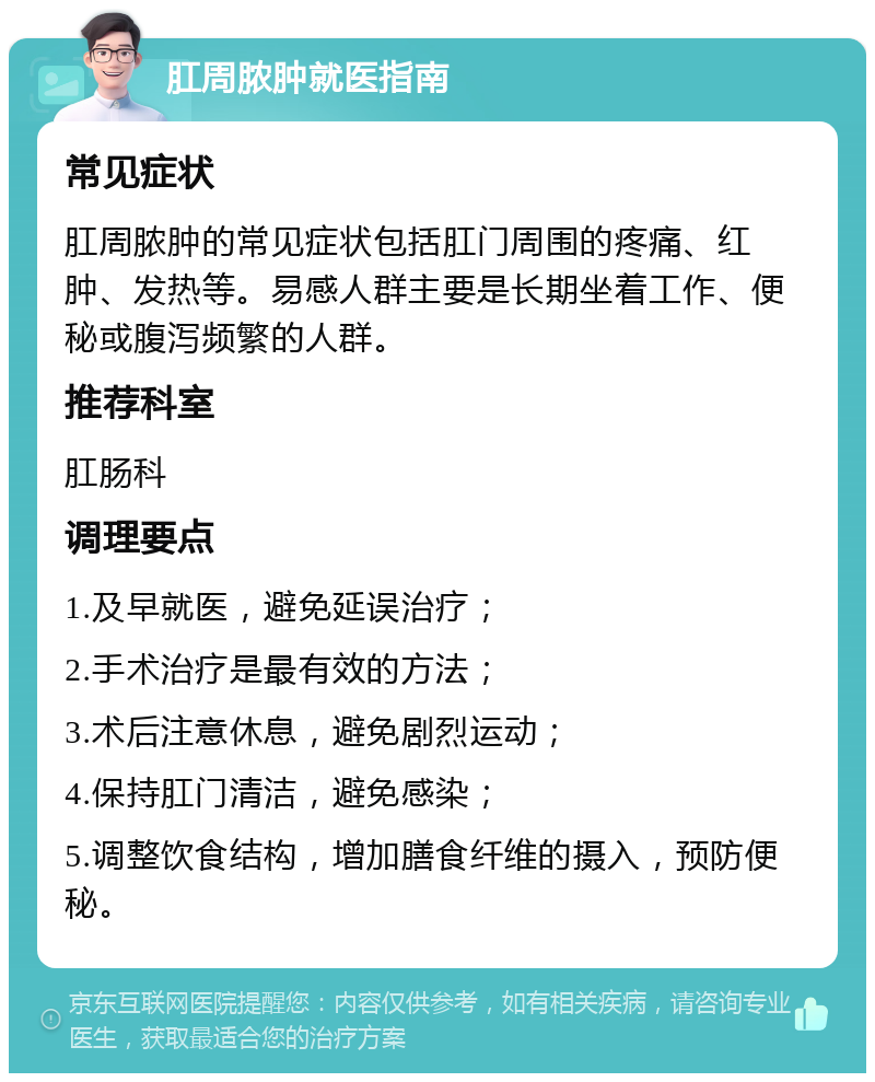 肛周脓肿就医指南 常见症状 肛周脓肿的常见症状包括肛门周围的疼痛、红肿、发热等。易感人群主要是长期坐着工作、便秘或腹泻频繁的人群。 推荐科室 肛肠科 调理要点 1.及早就医，避免延误治疗； 2.手术治疗是最有效的方法； 3.术后注意休息，避免剧烈运动； 4.保持肛门清洁，避免感染； 5.调整饮食结构，增加膳食纤维的摄入，预防便秘。