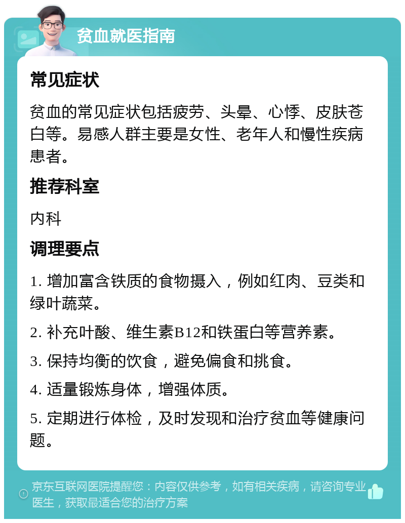 贫血就医指南 常见症状 贫血的常见症状包括疲劳、头晕、心悸、皮肤苍白等。易感人群主要是女性、老年人和慢性疾病患者。 推荐科室 内科 调理要点 1. 增加富含铁质的食物摄入，例如红肉、豆类和绿叶蔬菜。 2. 补充叶酸、维生素B12和铁蛋白等营养素。 3. 保持均衡的饮食，避免偏食和挑食。 4. 适量锻炼身体，增强体质。 5. 定期进行体检，及时发现和治疗贫血等健康问题。