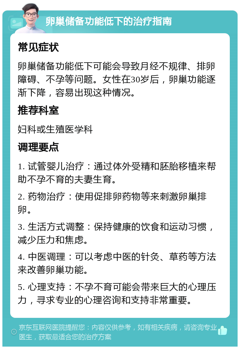 卵巢储备功能低下的治疗指南 常见症状 卵巢储备功能低下可能会导致月经不规律、排卵障碍、不孕等问题。女性在30岁后，卵巢功能逐渐下降，容易出现这种情况。 推荐科室 妇科或生殖医学科 调理要点 1. 试管婴儿治疗：通过体外受精和胚胎移植来帮助不孕不育的夫妻生育。 2. 药物治疗：使用促排卵药物等来刺激卵巢排卵。 3. 生活方式调整：保持健康的饮食和运动习惯，减少压力和焦虑。 4. 中医调理：可以考虑中医的针灸、草药等方法来改善卵巢功能。 5. 心理支持：不孕不育可能会带来巨大的心理压力，寻求专业的心理咨询和支持非常重要。