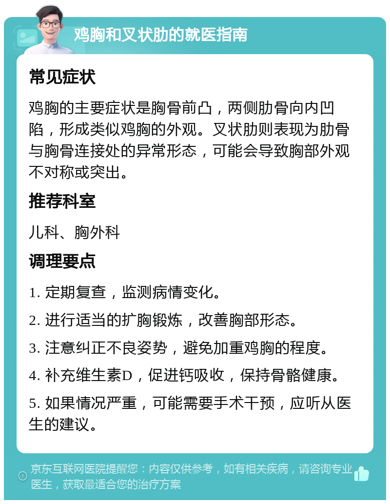 鸡胸和叉状肋的就医指南 常见症状 鸡胸的主要症状是胸骨前凸，两侧肋骨向内凹陷，形成类似鸡胸的外观。叉状肋则表现为肋骨与胸骨连接处的异常形态，可能会导致胸部外观不对称或突出。 推荐科室 儿科、胸外科 调理要点 1. 定期复查，监测病情变化。 2. 进行适当的扩胸锻炼，改善胸部形态。 3. 注意纠正不良姿势，避免加重鸡胸的程度。 4. 补充维生素D，促进钙吸收，保持骨骼健康。 5. 如果情况严重，可能需要手术干预，应听从医生的建议。