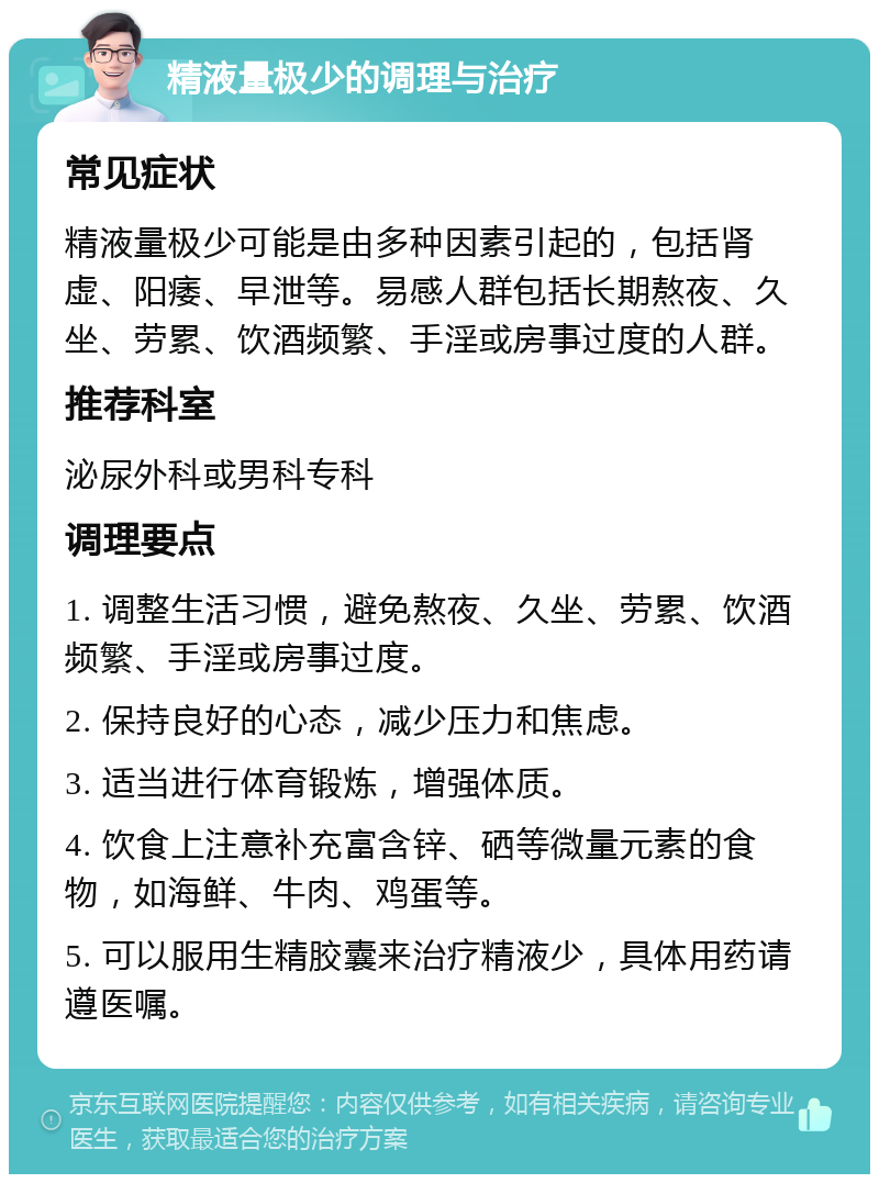 精液量极少的调理与治疗 常见症状 精液量极少可能是由多种因素引起的，包括肾虚、阳痿、早泄等。易感人群包括长期熬夜、久坐、劳累、饮酒频繁、手淫或房事过度的人群。 推荐科室 泌尿外科或男科专科 调理要点 1. 调整生活习惯，避免熬夜、久坐、劳累、饮酒频繁、手淫或房事过度。 2. 保持良好的心态，减少压力和焦虑。 3. 适当进行体育锻炼，增强体质。 4. 饮食上注意补充富含锌、硒等微量元素的食物，如海鲜、牛肉、鸡蛋等。 5. 可以服用生精胶囊来治疗精液少，具体用药请遵医嘱。